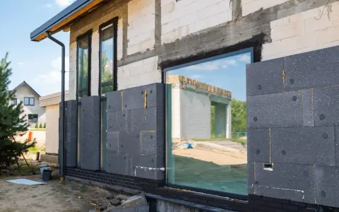 Maison en construction avec panneaux de polystyrène gris fixés pour le ravalement et isolation extérieure.