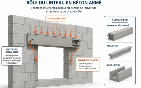 Illustration du rôle d'un linteau en béton armé : il reprend les charges du mur au-dessus d'une ouverture et les reporte sur les appuis.