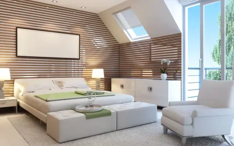 Chambre moderne avec mur en lattes de bois. Estimation du prix pour peindre une chambre de 12m2.