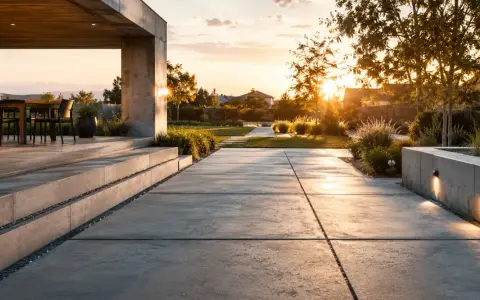 Allée en dalles de béton moderne, avec escalier et jardin paysager au coucher du soleil. Estimation du prix dalle béton 100m2.