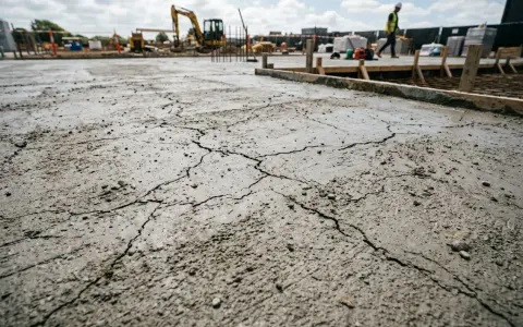 Une fissure dans une dalle de béton fraîchement coulée sur un chantier. Des engins de chantier sont visibles en arrière-plan.