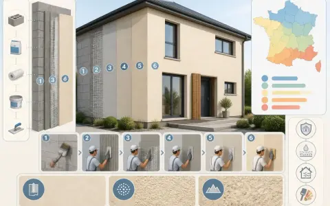 Étapes pour le prix d'un crépi de maison de 200m2. Illustration des matériaux et techniques pour un enduit extérieur.