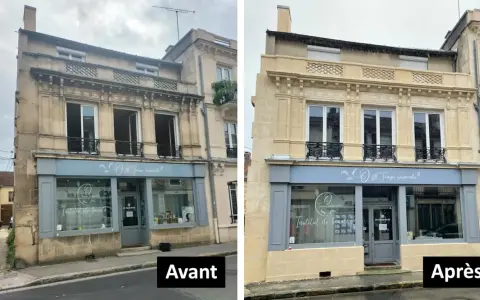 Avant/Après : une façade en pierre de taille transformée par une rénovation. L'institut de beauté "Temps Suspendu" retrouve son éclat.