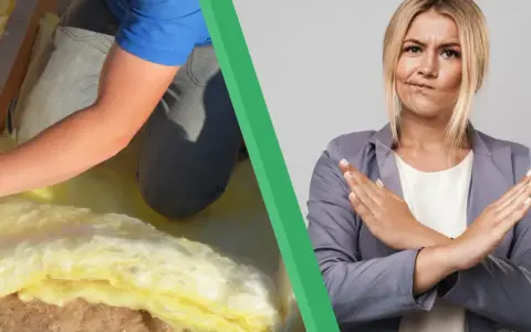 Pose de matériau isolant pour une isolation phonique de cloison. Une femme fait un signe d'interdiction.