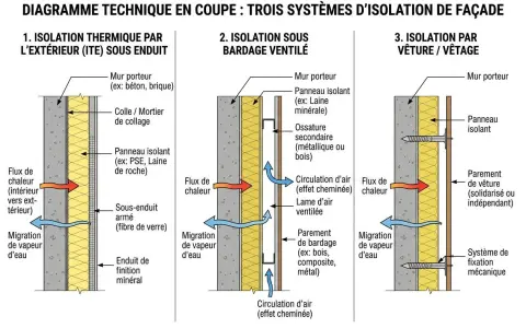 Diagramme comparant trois systèmes d'isolation de façade : ITE sous enduit, bardage ventilé et vêture. L'isolation sous enduit est la première option présentée.