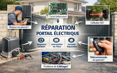 Réparation portail électrique : diagnostic, intervention sur place, garantie. Causes possibles : moteur, carte, cellules, câblage, télécommande.