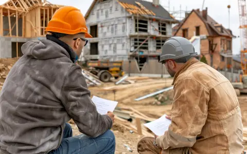 Deux hommes en casque discutent des plans sur un chantier. L'un d'eux, un artisan qui ne vient pas faire les travaux, semble expliquer quelque chose.