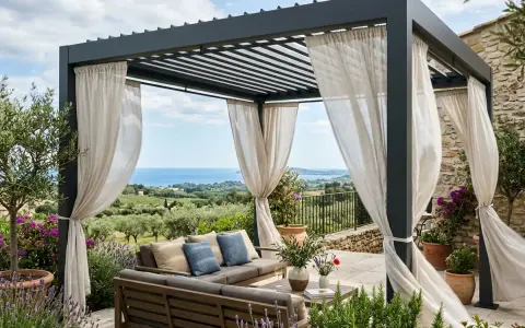 Une pergola bioclimatique, c'est quoi ? Un espace extérieur chic avec salon, vue mer et voilages légers.