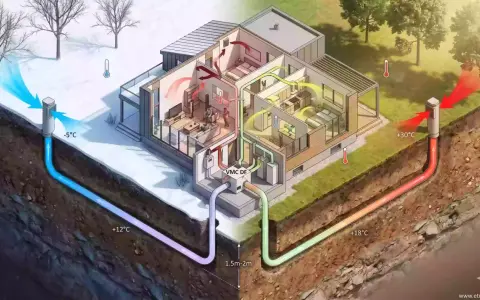 Schéma d'une maison avec un puit canadien. L'air extérieur est préchauffé ou pré-refroidi par la terre avant d'entrer dans la maison.