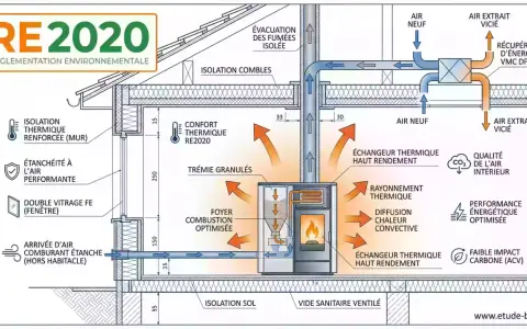 Schéma d'un poêle à granulés RE2020, montrant l'installation, l'isolation, la ventilation et la récupération d'énergie pour un confort thermique optimal.