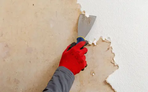 Main tenant utilise un grattoir pour décoller papier peint ancien sur un mur.