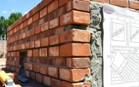 Mur en briques rouges, avec un plan de construction affiché. Le mortier sans retrait assure une pose parfaite.
