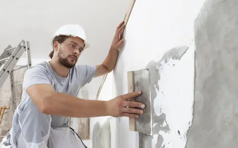 Artisan appliquant un enduit sur béton intérieur, préparant le mur pour une finition parfaite.