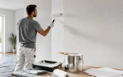 Un peintre applique une couche de peinture blanche sur un mur. Il utilise un rouleau et une boîte de peinture. On se demande combien de litre de peinture par m2 sera nécessaire pour ce chantier.