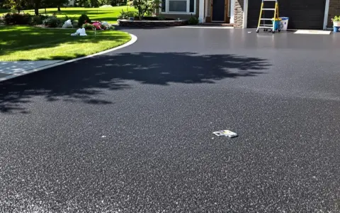 Allée enrobée fraîchement posée, avec une pelouse verdoyante et des décorations. Idéal pour estimer le prix m2 enrobé particulier.