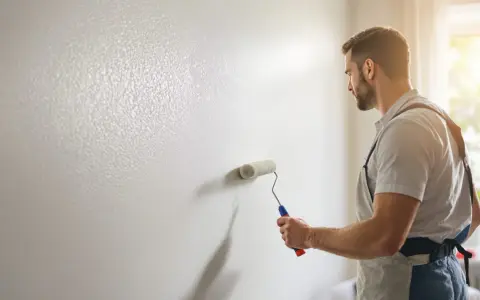 Un peintre applique un crépi au rouleau sur un mur blanc. La lumière du soleil éclaire la scène.