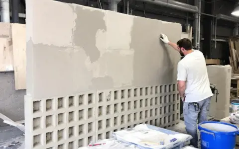 Un homme applique un enduit sur un mur en parpaings creux. L'épaisseur de l'enduit est visible par les zones plus claires et plus sombres.