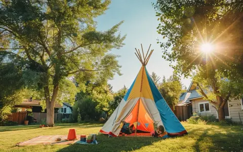 Un enfant joue dans un tipi coloré, parfait pour fabriquer un tipi extérieur en bois. Le soleil brille à travers les arbres.