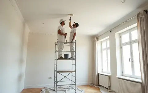 Deux peintres sur un échafaudage peignent un plafond. Ils se demandent combien de temps pour peindre un plafond de 50m2.