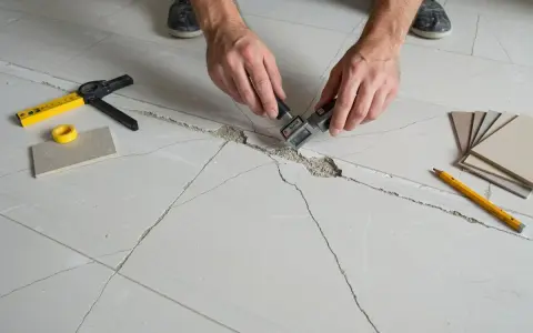 Inspection d'une fissure dans le chape avant la pose du carrelage. Outils de mesure et échantillons de carreaux à proximité.