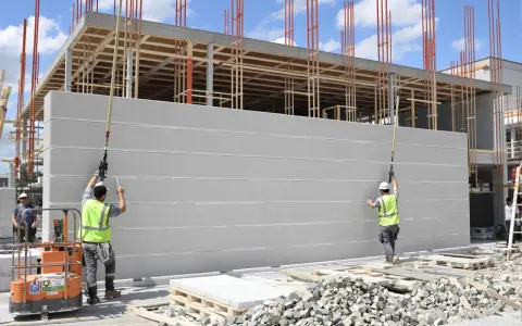 Chantier de construction : deux ouvriers installent un mur en siporex extérieur. Le bâtiment en cours de construction est visible en arrière-plan.