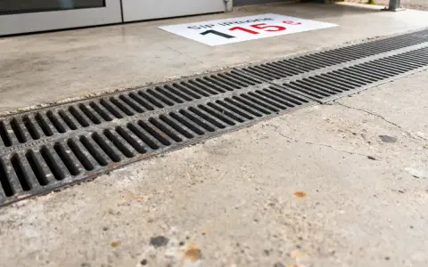 Un panneau au sol indique "Sip iPhone 115€". Un caniveau en métal longe un sol en béton. Le béton drainant prix m2 est une solution pour évacuer l'eau.