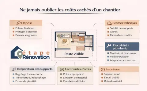 Schéma des coûts cachés d'un chantier de rénovation maison : dépose, reprises techniques, électricité/plomberie, réparation, contraintes d'accès, imprévus.