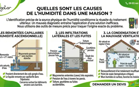 Illustration des causes d'humidité dans une maison : remontées capillaires du sol, infiltrations, et condensation.