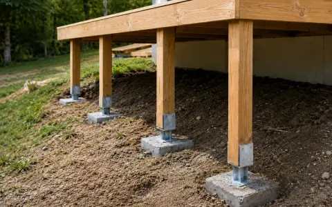 Vue d'un schema plan terrasse sur pilotis en bois, soutenue par des piliers en béton sur un terrain en pente.
