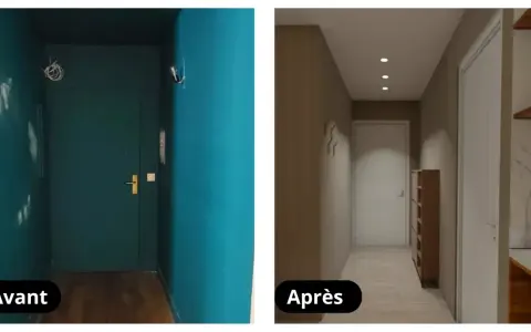 Avant/Après : un couloir transformé avec une peinture couloir moderne, plus lumineux et organisé.