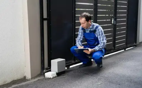 Technicien vérifiant le passage de gaine pour portail coulissant. Il note des informations sur un bloc-notes.