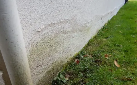 Mur extérieur présentant des traces d'humidité et de salpêtre, signes de remontées capillaires, un vice caché potentiel.