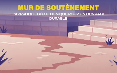 Illustration d'un mur de soutènement en briques, avec des marches en pierre et des plantes. Le titre "MUR DE SOUTÈNEMENT" est affiché.