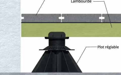 Détail d'une terrasse sur plot bois : lames, lambourdes et plot réglable, montrant la structure surélevée.