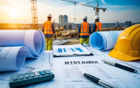 Plans, calculatrice, casque jaune et ouvriers sur un chantier. Le document BT01 Index est au premier plan.