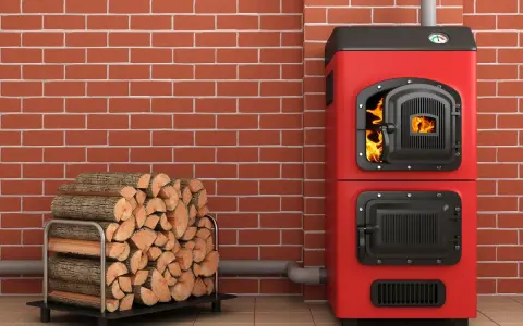 Une chaudière biomasse, c'est quoi ? Une chaudière rouge vif avec du bois de chauffage à côté, prête à chauffer.