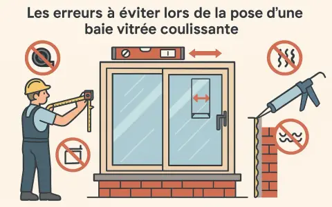 Un poseur mesure une baie vitrée coulissante. L'image illustre les erreurs à éviter lors de la pose d'une baie vitrée, notamment l'usage d'un mètre ruban, le niveau à bulle et le joint d'étanchéité.