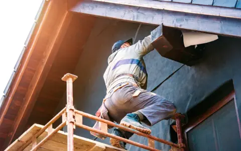 Un ouvrier sur un échafaudage installe l'isolation extérieur facade d'une maison, protégeant la structure en bois.