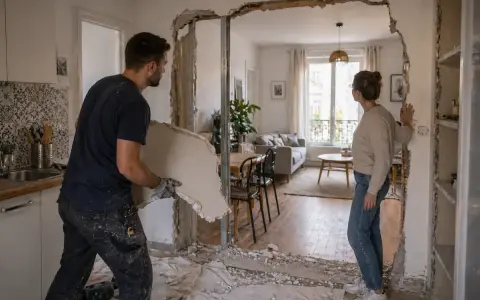 Un homme retire un morceau de plâtre, aidant à casser un mur non porteur. Une femme observe la transformation de l'espace.