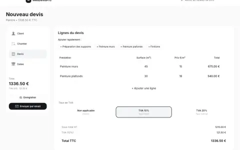 Un exemple devis peinture pour murs et plafonds, avec détails des prestations, surfaces, prix et TVA. Total TTC 1336.50 €.