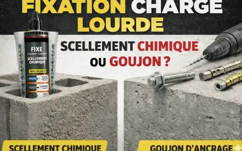 Scellement chimique ou goujon pour parpaing creux charge lourde ? L'image compare les deux solutions pour une fixation solide.