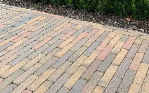 Un chemin en pavés extérieurs aux teintes chaudes et grises, bordé par un buisson verdoyant.