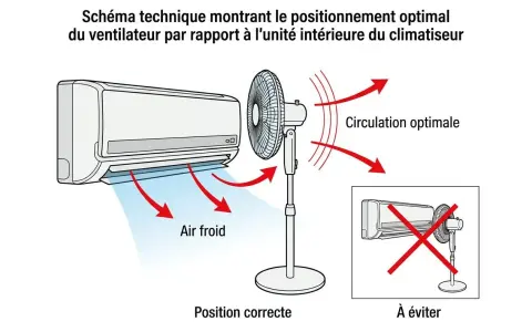 Schéma montrant comment positionner un ventilateur pour une circulation d'air optimale avec un climatiseur. Position correcte : ventilateur face à l'air froid. À éviter : ventilateur derrière le climatiseur.