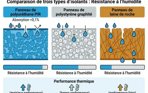 Ce tableau comparatif d'isolants thermiques montre la résistance à l'humidité du polyuréthane PIR, du polystyrène graphité et de la laine de roche.