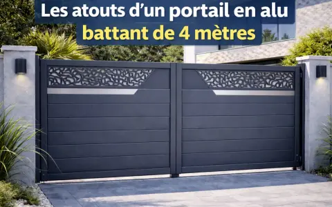 Un portail battant en aluminium de 4 mètres, moderne et élégant, avec un motif décoratif ajouré sur le dessus.