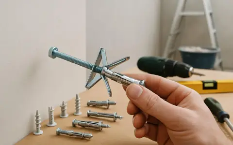 Main d'un bricoleur tenant un cheville métallique pour charge lourde sur carreau de plâtre. Divers chevilles et outils en arrière-plan.