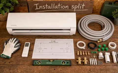 Tout le nécessaire pour installer la clim chez soi : unité intérieure, tuyaux, télécommande, niveau, gabarit de perçage et accessoires.