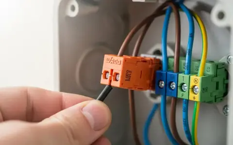 Main électrique pour brancher radiateur inertie sur prise de courant. Connexion des fils dans un boîtier.