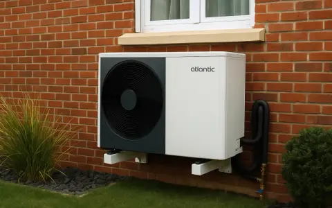 Une pompe à chaleur monobloc Atlantic, fixée au mur de briques d'une maison, avec des tuyaux noirs et un ventilateur visible.