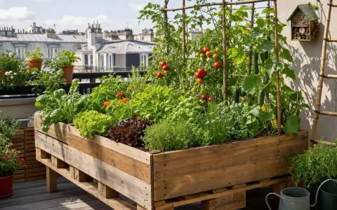 Un potager luxuriant sur un balcon, avec des tomates, concombres et salades dans une **déco jardin** en **palette**. L'**exterieur** est aménagé avec soin.